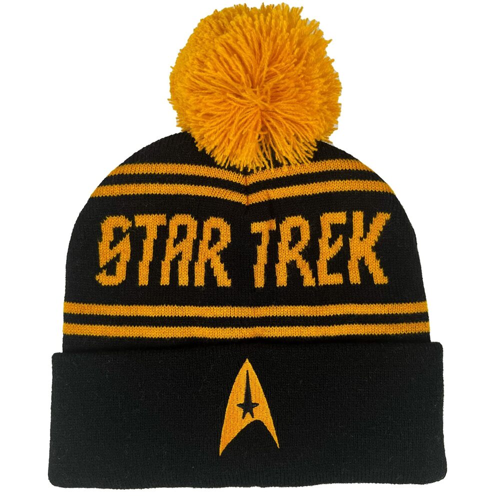 9946 Star Trek Command Logo Stripe Yellow Knit Beanie with Cuff and Pom
